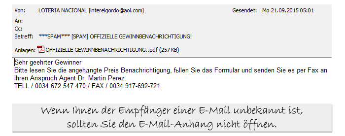 Spam im E-Mail-Anhang! E-Mail-Anhänge von unbekannten Absendern öffnen!